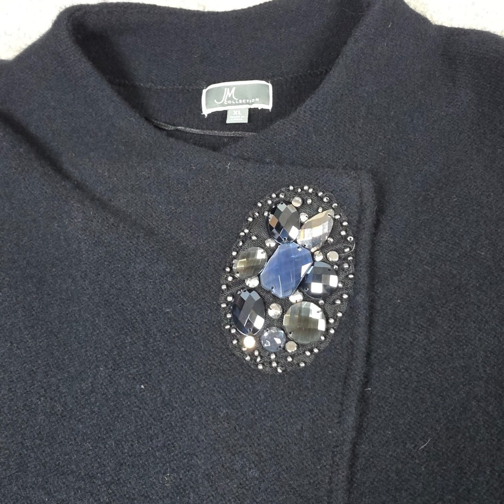 JM‎ Collection Sweater Womens XL Deep Black Boiled Wool Gemstone Brooch Cardigan